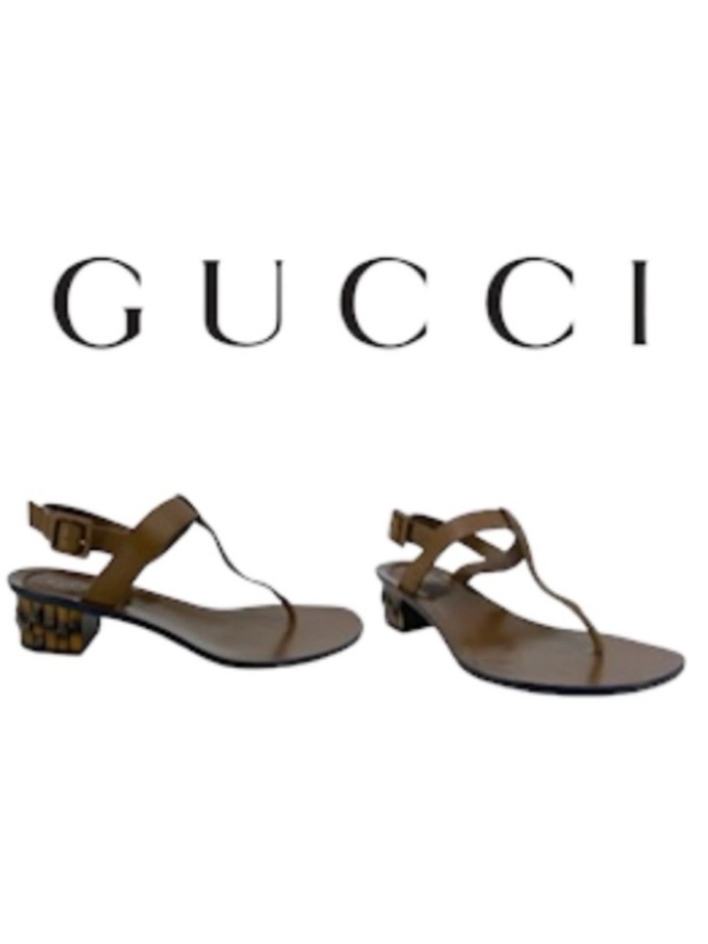 GUCCI Dahlia Bamboo Heel Thong Leather Sandals Size 38 1/2 WITH COA